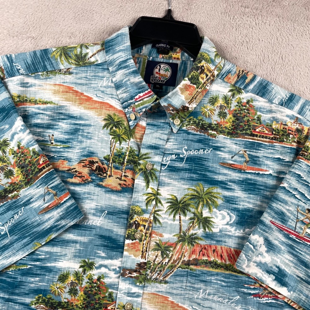 Reyn Spooner Hawaiian Shirt Mens XL Molokai Channel AOP Paddle Board Print
